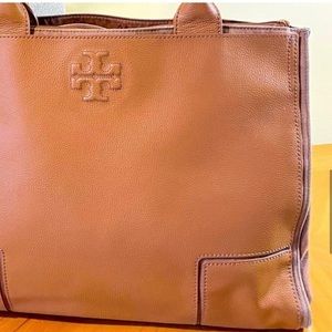 TORY BURCH ELLA COGNAC LEATHER CANVAS SHOULDER BAG TOTE EUC